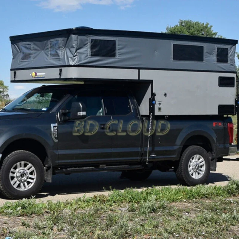 Modern 4x4 Pickup Truck Pop-Up Camper Canopy, Lightweight Waterproof Fiberglass & Aluminum Travel Trailer, Sleeps 4 Expanded.