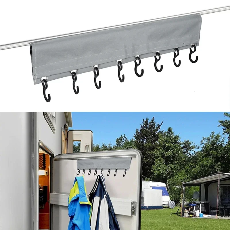 Universal Camping Hook Rail With Piping - 8 Hooks for Caravan, Motorhome, Tent, Roof Poles or Piping Strips - Coat Hooks and Racks