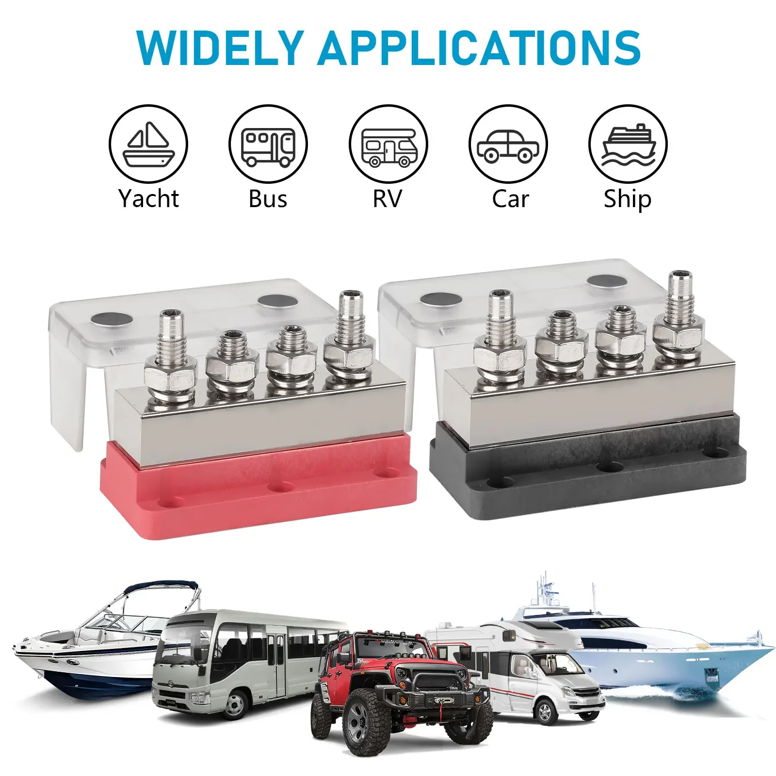 12-48V 600A M10 Battery Bus Bar Distribution Block with Cover (Black & Red) for Trucks, Marine, Boats, RVs & Cars