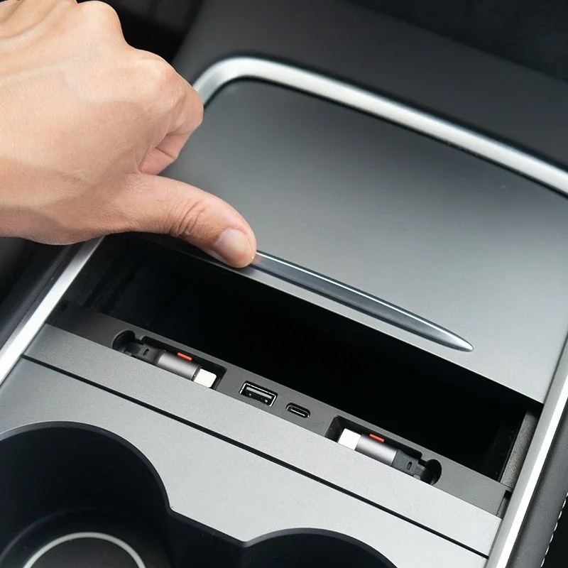 Tesla Model 3/Y Center Console Docking Station Cover - Retractable Cable, Dust-Proof Slide Lid, 27W Fast Charging
