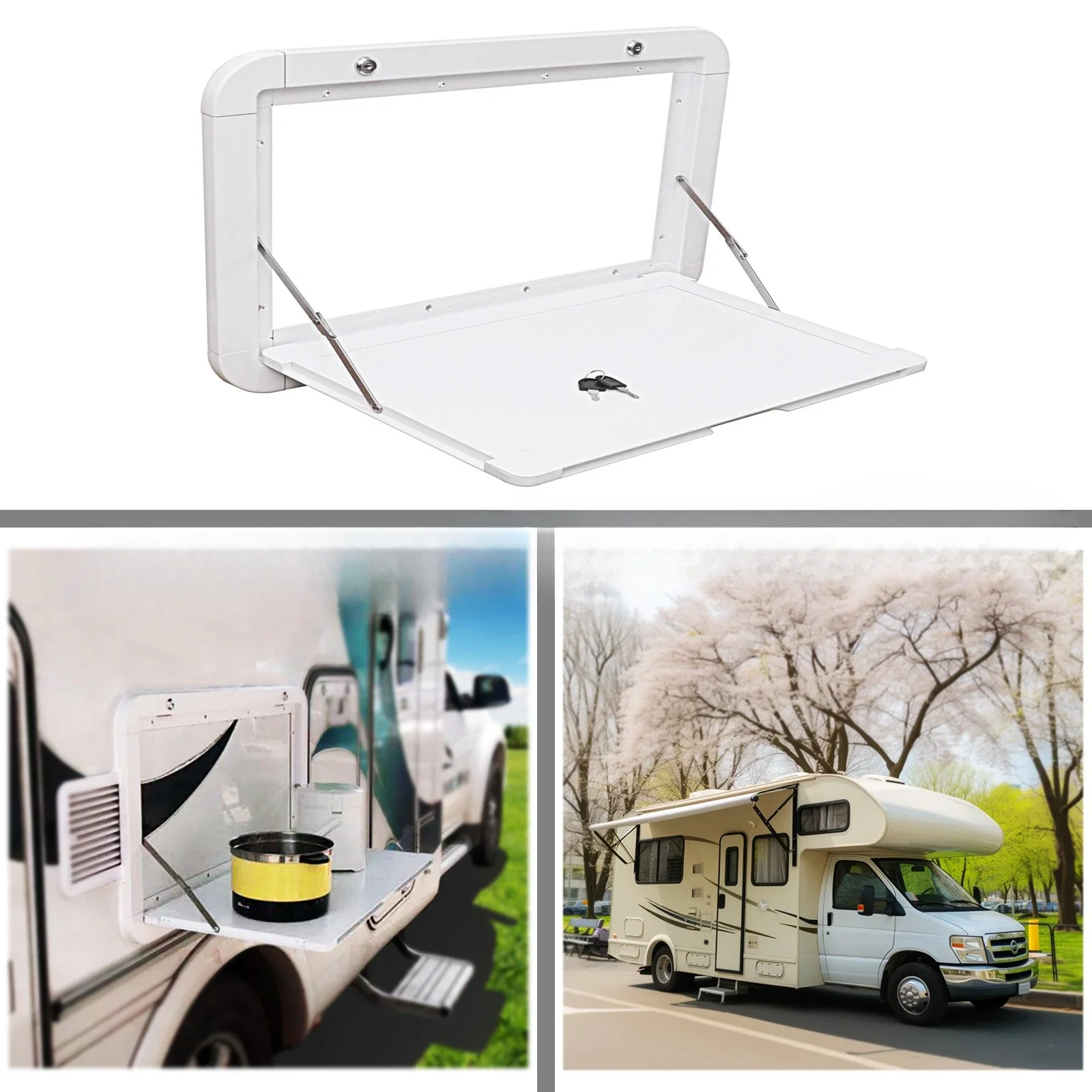 RV Out Folding Table White/Black Trailer-Mounted External Dining Table, Motorhome Camping Side-Mounted